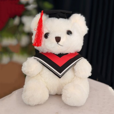 White Graduation Teddy Bear with Cap & Red Academic Sash