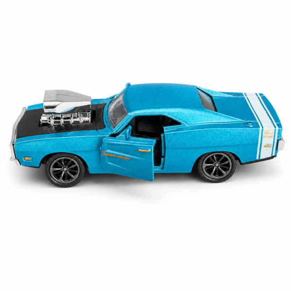 Metallic Blue Muscle Car with Supercharged Engine – 1:32 Die-Cast Model