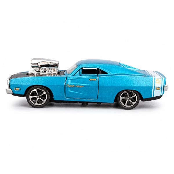 Metallic Blue Muscle Car with Supercharged Engine – 1:32 Die-Cast Model